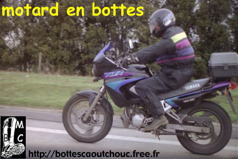 Riding a motorbike in rubber boots.