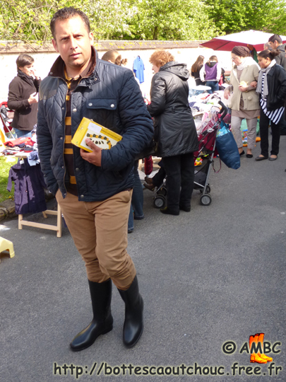 Guy proud of his rubber boots in Chailly en Bière, France. Gummistiefel, botas de gomma, rubber laarzen, stivali di gomma, wellies, bottes caoutchouc, May 2013.