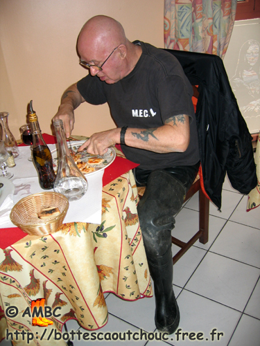 Wearing Baudou waders in a French restaurant. Gummistiefel, bottes caoutchouc.