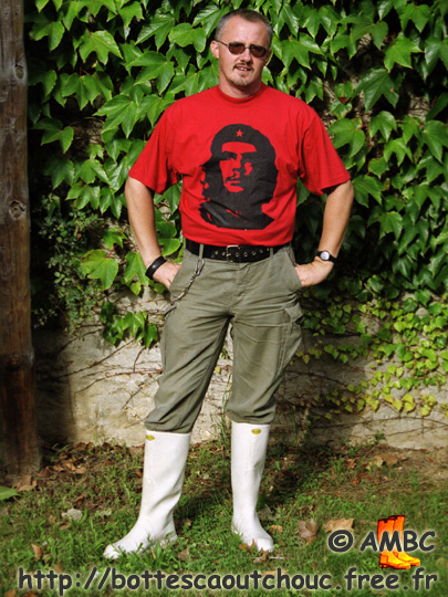 Pascal, revolutionary, wearing white Superga rubber boots.