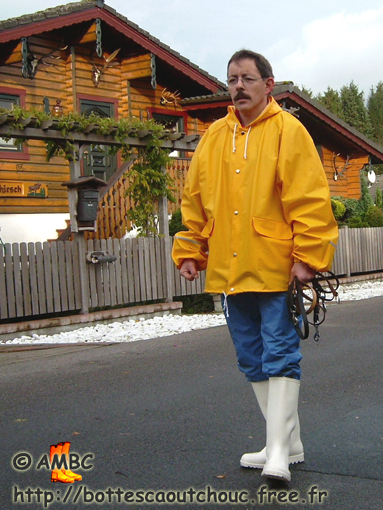 LARS IN WHITE WELLIES, WALKING THE DOG.
