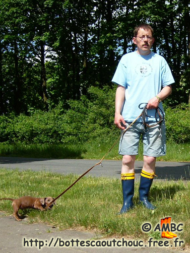 Lars wearing shorts & blue PVC wellies, May 2008.