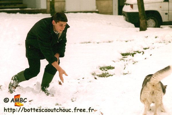 Wearing PVC boots in the snow, Dammarie Les Lys, France, 2000.