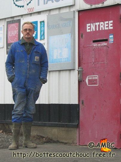 Wearing blue overalls