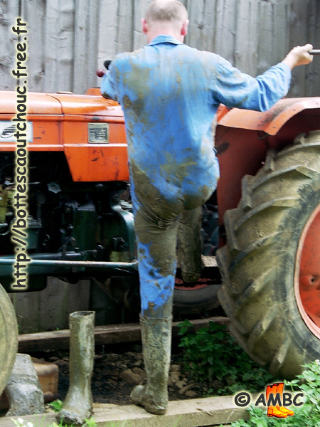 Wearing blue overalls