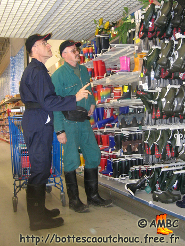 Roger & Pascal, wellies shopping, France.