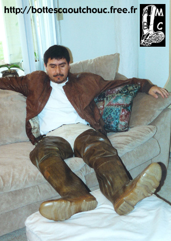 In brown hip boots