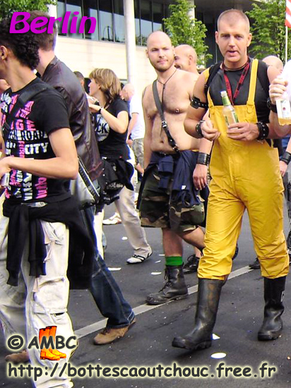 in Berlin, wearing yellow PVC raingear, June 2008.
