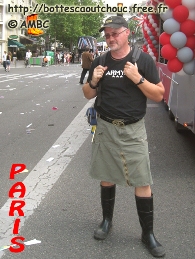 Pascal wearing skirt and Bata gumboots, June 2010.