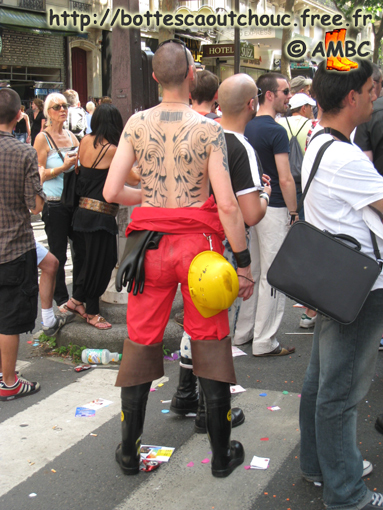 Wearing red overalls & Bekina waders, Paris LGBT, June 2009.