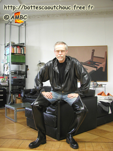 At home, wearing waders; rubber hip boots; Gummi waders.