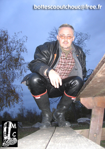 Wearing leather trousers and Brecon rubber boots.