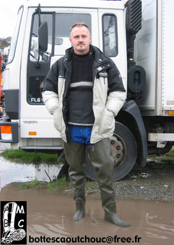 Wearing waders in Liège, Belgium.