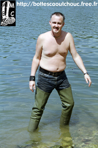 Wet green PVC waders.
