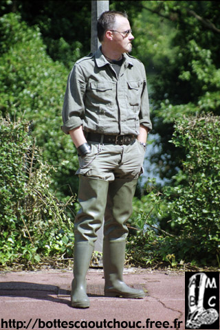 PVC waders & army trousers.