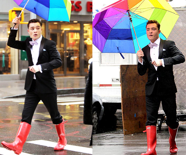 Ed Westwick (Gossip Girls) wearing red Hunter wellies, 2011.