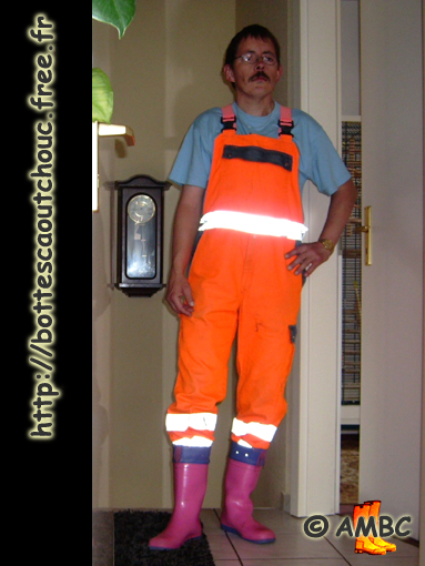 Lars wearing pink wellies & orange bib & braces; Gummistiefel,  rubber boots, 2008.