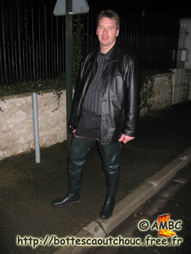 Wearing Aigle Parcours waders in the street.