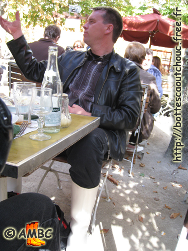 At restaurant in white wellies, 2008. Gummistiefel, bottes caoutchouc.