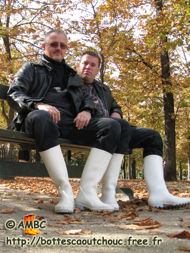 With pascal on a Parisian bench, 2008. Gummistiefel, bottes caoutchouc.