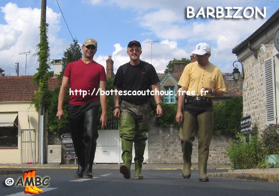 Frederic, Pascal & Fabrice in Barbizon, 2005. Gummi Waders, cuissardes caoutchouc, rubber hip boots.
