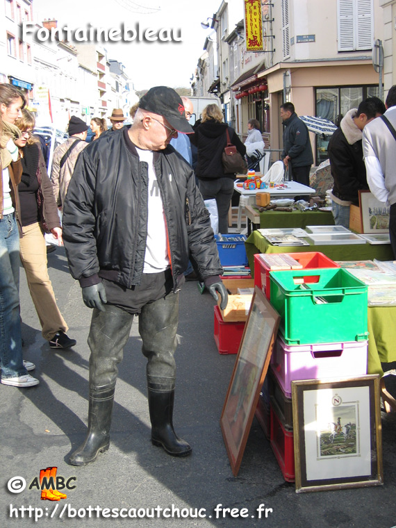 Alan wearing waders in Fontainebleau boot sales, Nov. 2005