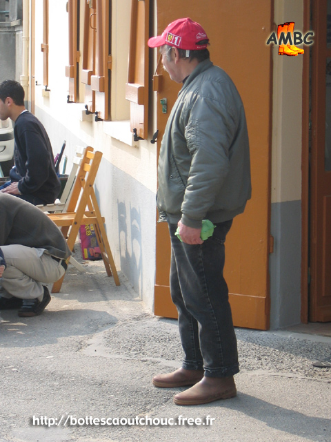 A man from la Brie, wearing old Aigle brown rubber boots