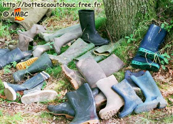 Boots nest in Fontainebleau forest. Gummistiefel, bottes caoutchouc, rubber boots.