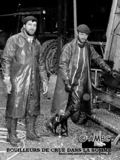 Home distillers, France; rubber boots, Gummistiefel.