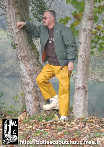 Wearing yellow PVC trousers & white Le Chameau  rubber Boots