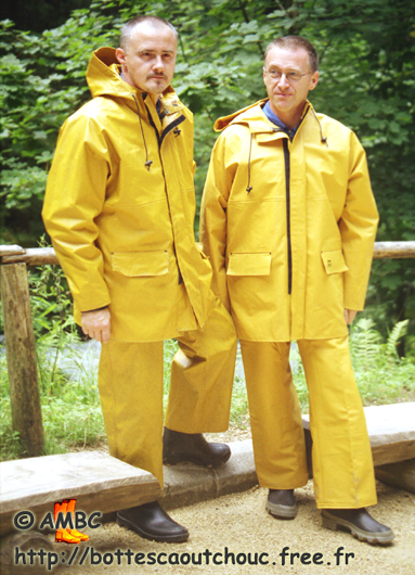 Pascal & Roger wearing PVC raingear in Switzerland.