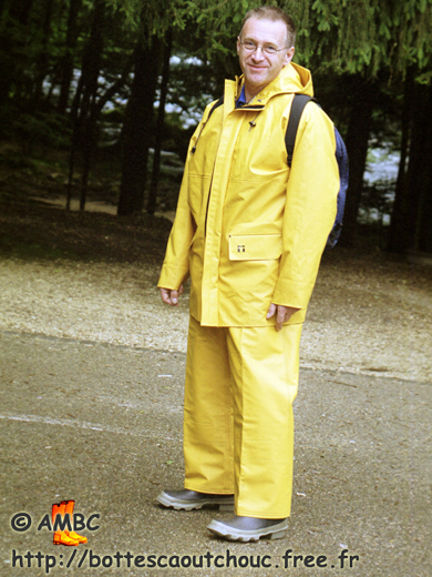 Roger, hiking in PVC raingear & Bullseyes rubber boots.