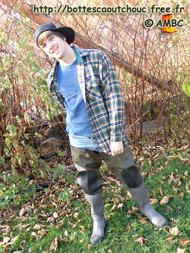 Cody in waders, Michigan, U.S.A.