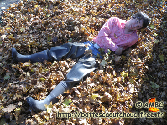 Cody in waders, Michigan, U.S.A.