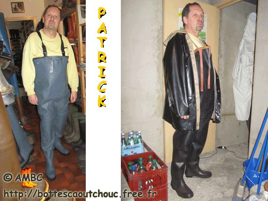 Patrick is trying some rubber waders at the House of the Rubber Boot, France, 25 Feb. 2011.
