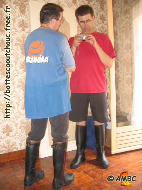 Fab & Fred wearing Le Chameau rubber boots; July 2005.