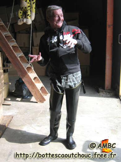 René, happy in his waders, April 2007. Gummistiefel, rubber boots.