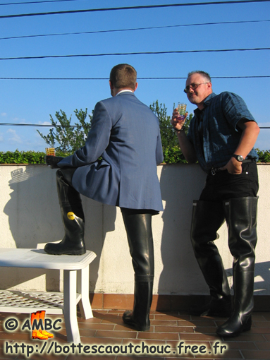 Philippe & Pascal wearing black waders, May 2007. Gummistiefel, rubber boots.