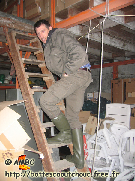 Paolo wearing Aigle boots in the warehouse, Feb. 2006