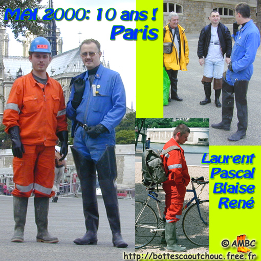 Vintage : 4 rubberboots fans in Paris, Gummistiefel, stivali di gomma, rubber laarzen May 2000.