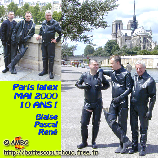 Vintage : 3 rubber fans in Paris, behind Notre-Dame; Gummistiefel, stivali di gomma, rubber, May 2000.