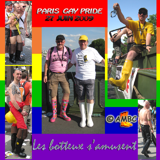 Rubberbooted guys at the Parisian Gay Pride, 27 June 2009.
