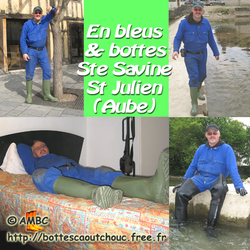 Pascal wearing blue coveralls & wellies; Gummistiefel, stivali di gomma, botas de hule, 2010.