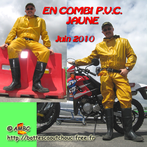 Pascal wearing yellow PVC coverall & Bata boots;  Gummistiefel, stivali di gomma, botas de hule, 2010.