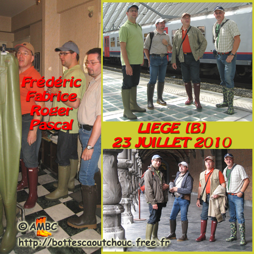 4 rubberbooted friends in Liege, Belgium; Gummistiefel, stivali di gomma, botas de hule, rubber laarzen, July 2010.