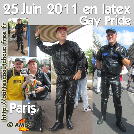 Wearing full rubber at the LGBT parade, Paris. Gummistiefel, stivali di gomma, botas de goma, gumboots, rubber; 25 June 2011.