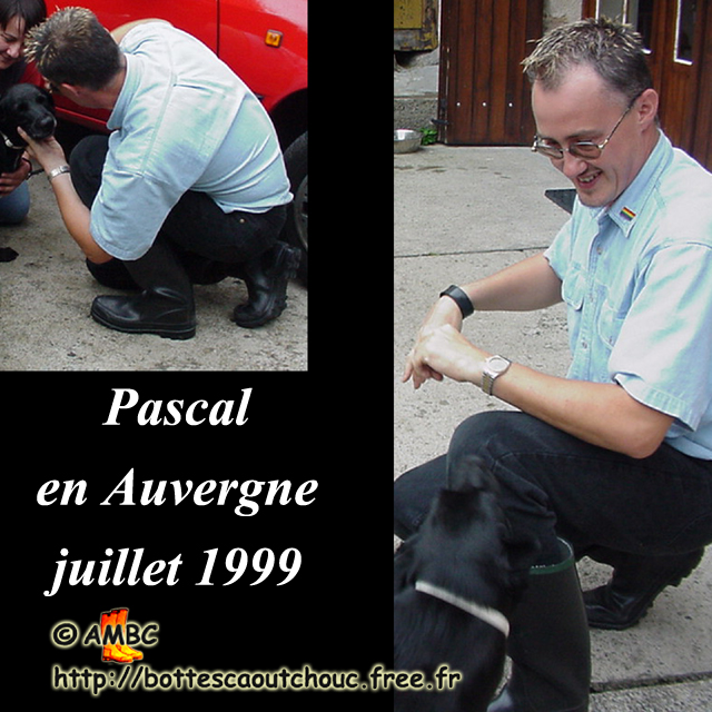 Pascal and Winnie the dog in Auvergne. Gummistiefel, stivali di gomma, botas de goma, Gummistövlar, cizme, rubber laarzen. Copyright Pascal Bourcier, July 1999.