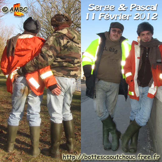 Pascal & Serge in rubber boots in Melun. Gummistiefel, stivali di gomma, botas de goma, cizme, February 2012.