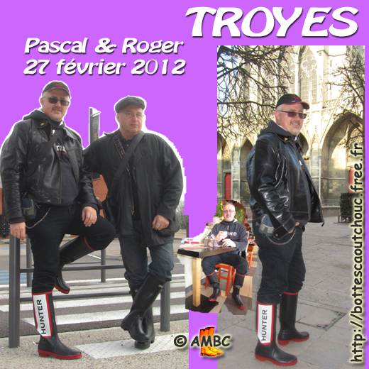 Pascal & Roger wearing wellies in Troyes, Champagne. Gummistiefel, stivali di gomma, botas de goma, gummistövlar, cizme, galochas, gumboots, Feb. 2012.