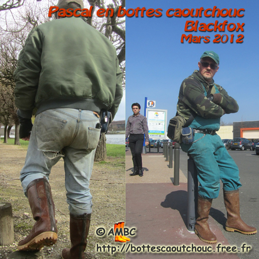 Pascal wearing brown Blackfox gumboots; Gummistiefel, stivali di gomma, botas de goma, March 2012.